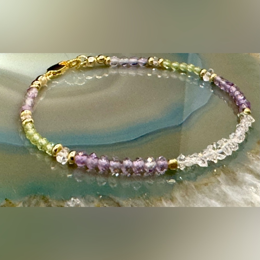Herkimer Diamond Pink Sapphire Peridot Bracelet in 18kt Gold Vermeil